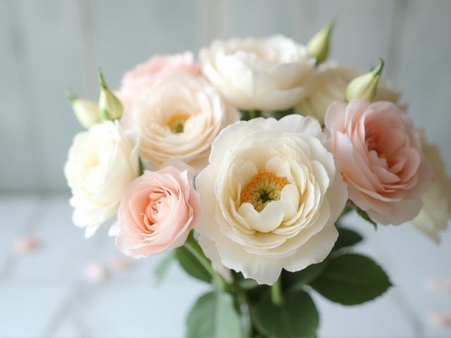 Arrangement floral délicat dans des tons pastel, lumière naturelle