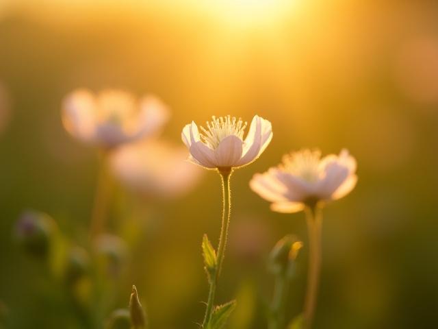 Fleurs sauvages en gros plan, avec des bokeh doux et un éclairage de contre-jour