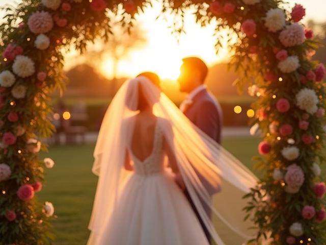 Scène de mariage romantique dans un jardin fleuri, photo capturée au coucher du soleil