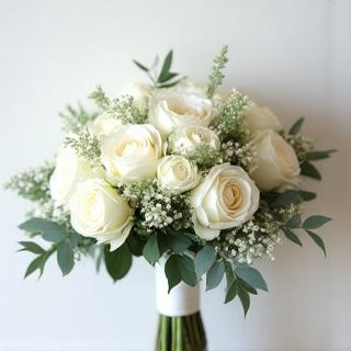 Arrangement floral de mariage avec des roses blanches et du feuillage vert